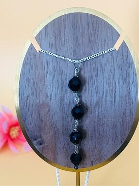 Classic Black Crystal Bead Silver wire wrap Drop Necklace